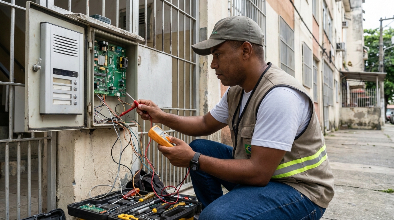 Eletricista consertando interfone em Serra‑ES