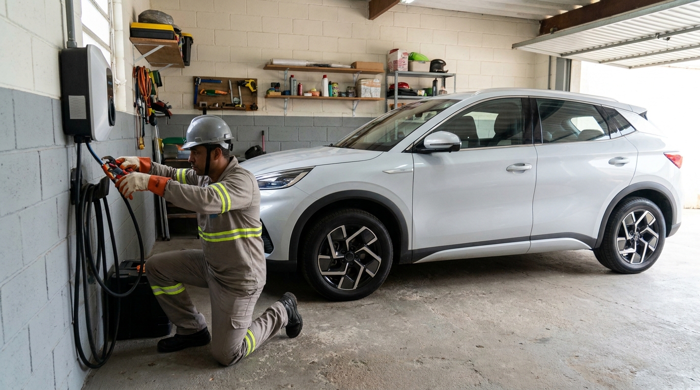 Eletricista instalando carregador de carro eletrico em Serra‑ES