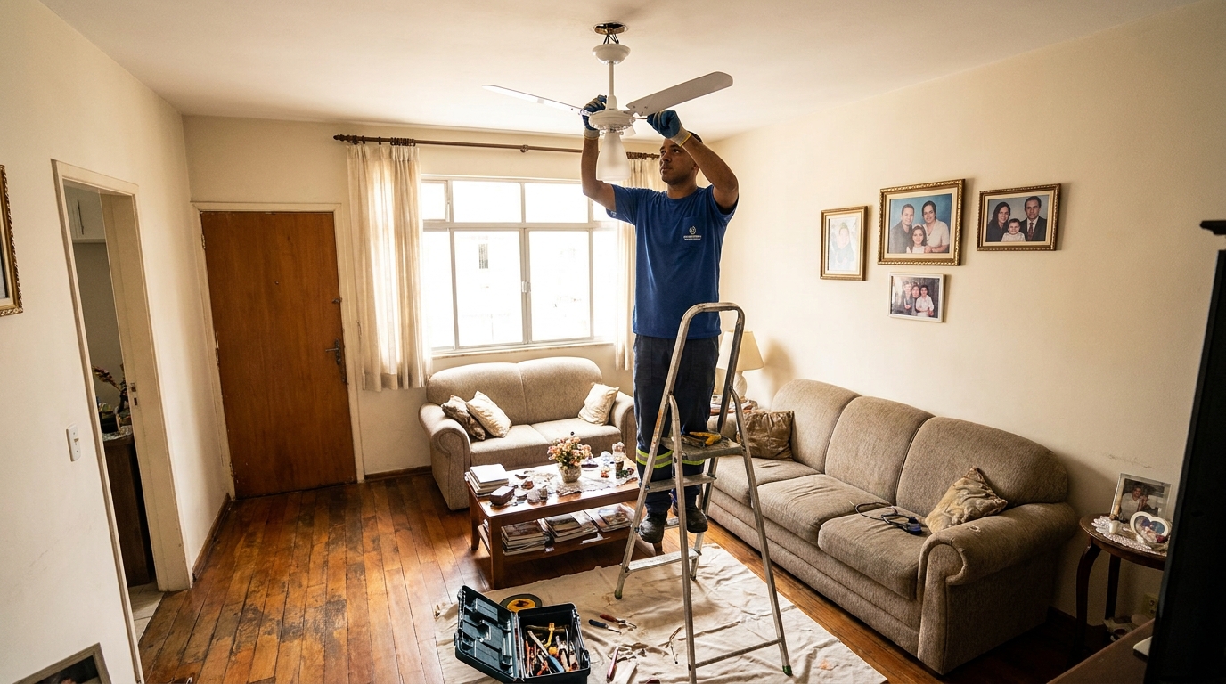 Eletricista instalando ventilador de teto em Serra‑ES